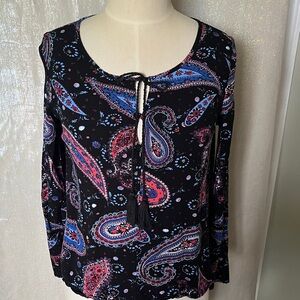 Black Paisley Tie-Neck Long Sleeve Blouse